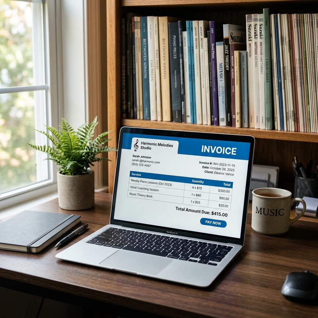 A professional music lesson invoice open on a laptop