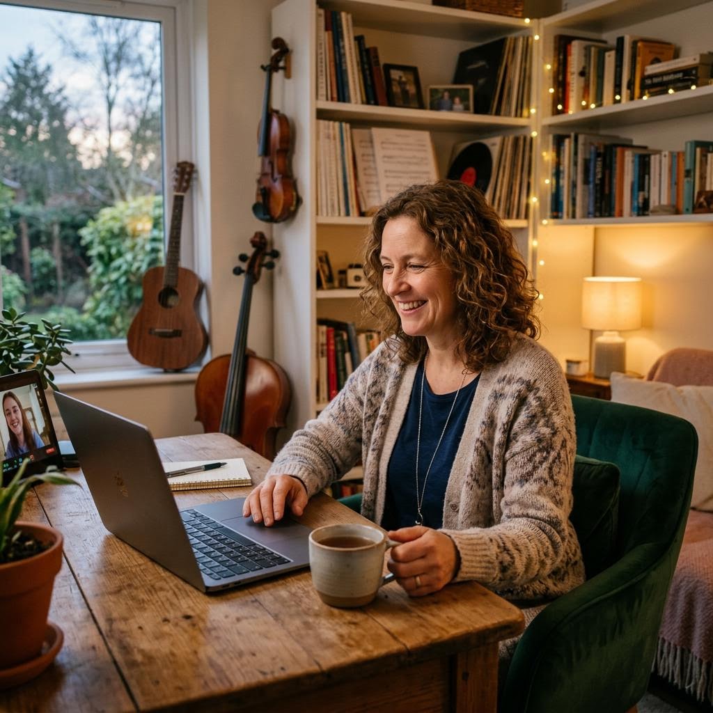 A music teacher relaxing with a cup of tea at her desk