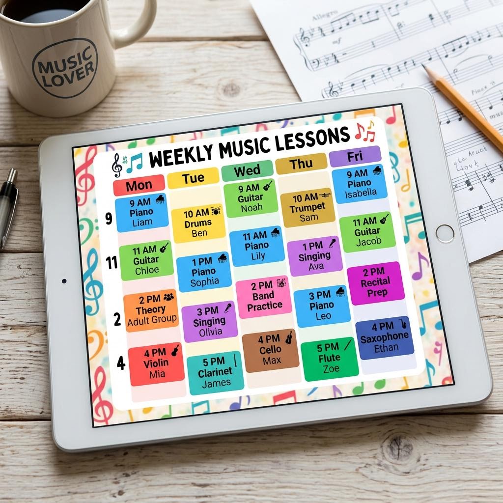 A colourful weekly music lesson timetable on a tablet